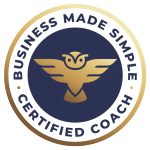 Business Made Simple Certified Coach logo featuring an owl with wings, symbolizing guidance and clarity for female business owners seeking marketing and messaging strategies.