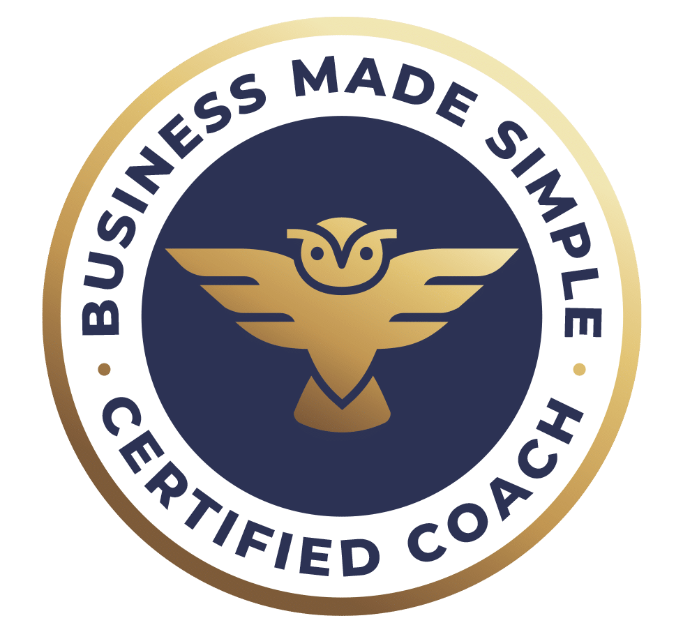Business Made Simple Certified Coach logo featuring an owl with wings, symbolizing guidance and clarity for female business owners seeking marketing and messaging strategies.