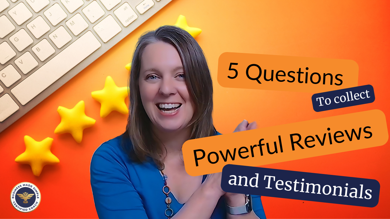 Selena Woodward with stars and keyboard background, podcast thumbnail for “5 Questions to Collect Powerful Testimonials and Reviews
