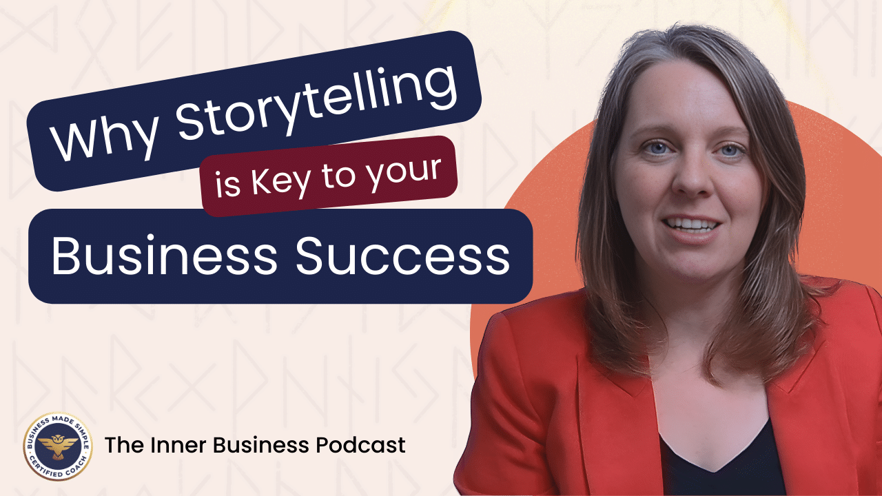 Podcast thumbnail: Selena Woodward in red blazer with title “Why Storytelling Is Key to Your Business Success.