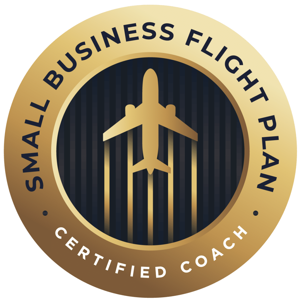 Small Business Flight Plan badge featuring an airplane silhouette, representing certified coaching for business growth and marketing strategies.