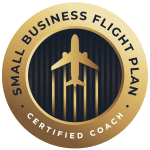Small Business Flight Plan badge featuring an airplane silhouette, representing certified coaching for business growth and marketing strategies.