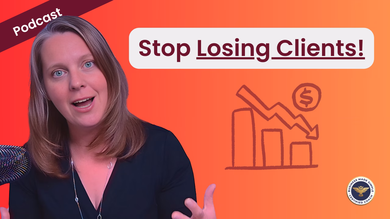Podcast cover art featuring Biz Coach Selena, highlighting how to stop losing clients by clarifying your message.