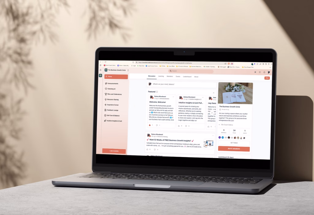 Laptop on a desk displaying The Business Growth Circle community platform by Selena Woodward, designed to support entrepreneurs with connection and aligned growth.