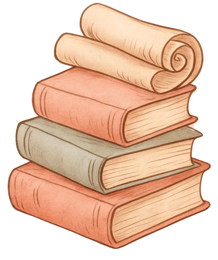Illustration of a stack of business resources including a laptop, book, and coffee cup with stars, symbolising clarity and focus