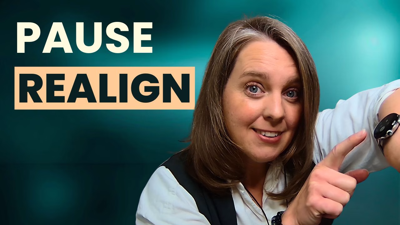 Podcast episode graphic: “Pause to Realign Your Business Message” with Selena Woodward, encouraging entrepreneurs to reset their messaging