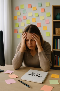 Illustration representing the pain and frustration of goal setting that doesn’t work, featured in Biz Coach Selena’s blog on why goals fail.