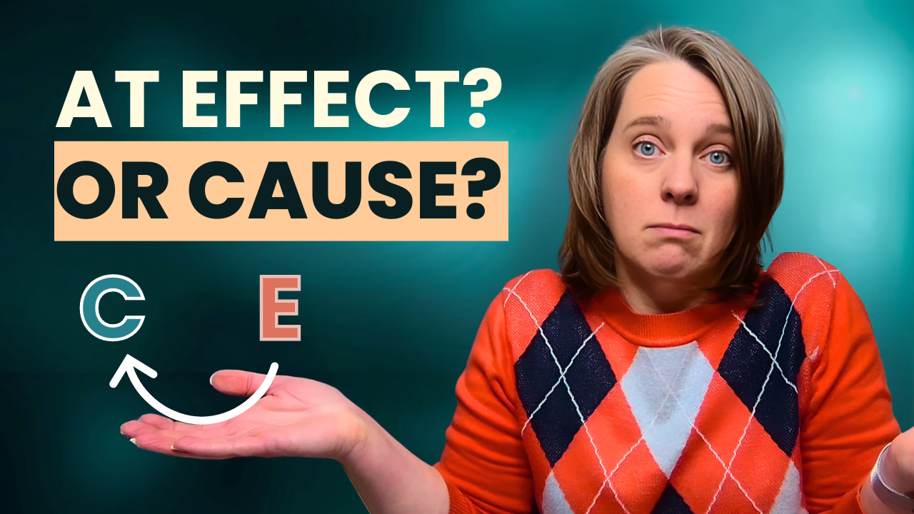Podcast episode graphic “Effect or Cause” exploring responsibility and leadership with Biz Coach Selena.