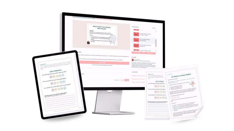 Mockup preview of Selena Woodward’s online Goal-Setting Course, designed to help entrepreneurs achieve aligned goals.