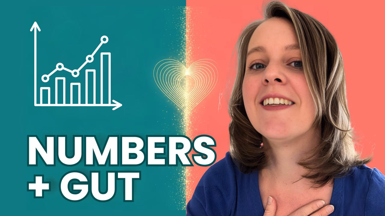 Selena Woodward smiling with hand on heart beside the words “Numbers + Gut” on a teal and coral background with graph and heart icons, representing balanced and aligned business goals.
