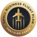 Small Business Flight Plan Certified Coach badge, featuring a gold circular design with an airplane silhouette and vertical lines, representing business coaching by Selena Woodward.