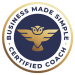Selena Woodward, business coach, logo featuring an owl and "Business Made Simple Certified Coach" badge, emphasizing coaching for entrepreneurs.